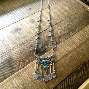 NWT Silver Colored Blue Beaded Long Boho Oversized Statement Necklace